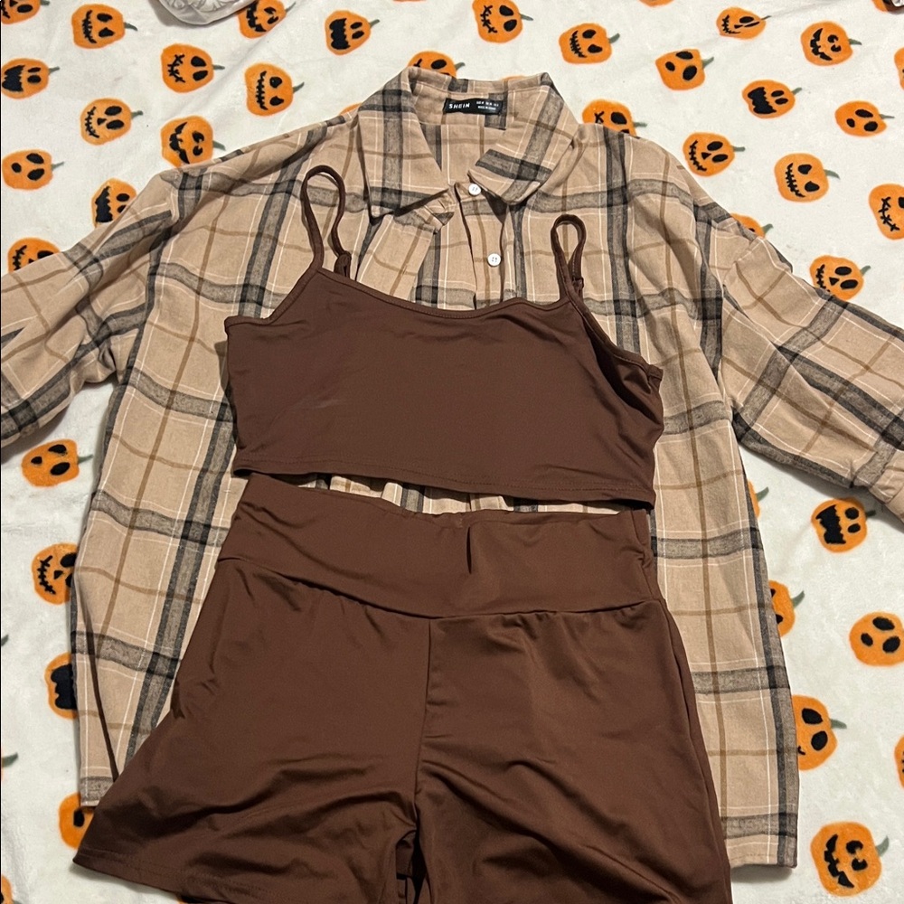 Brown Tank and Shorts Set with Plaid Shirt